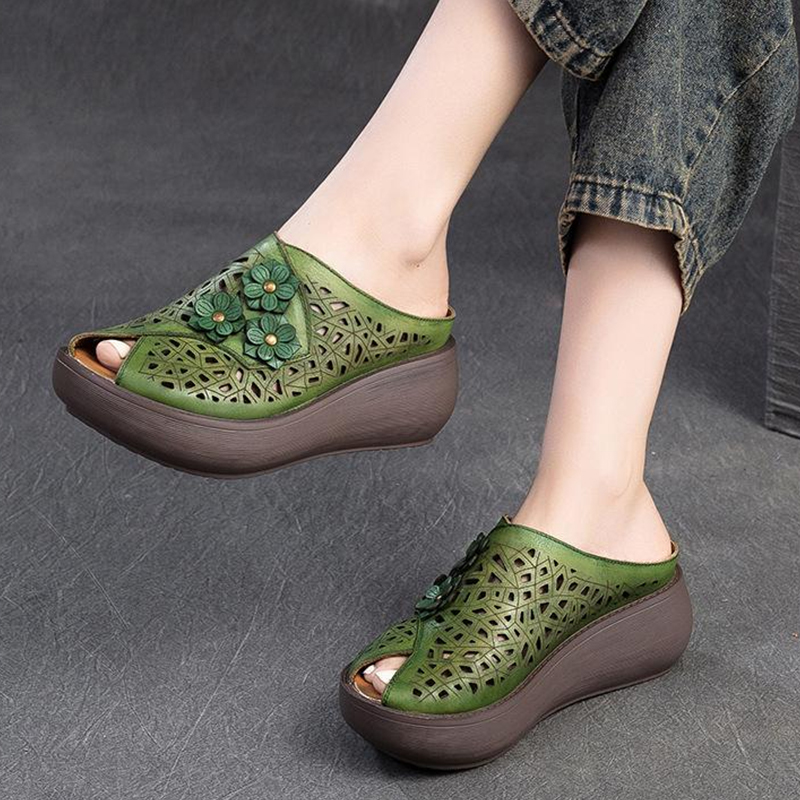 🔥Last Day Promotion 50% OFF - Women’s Vintage-Style Handmade Floral Genuine Leather Thick-Soled Wedge Sandals