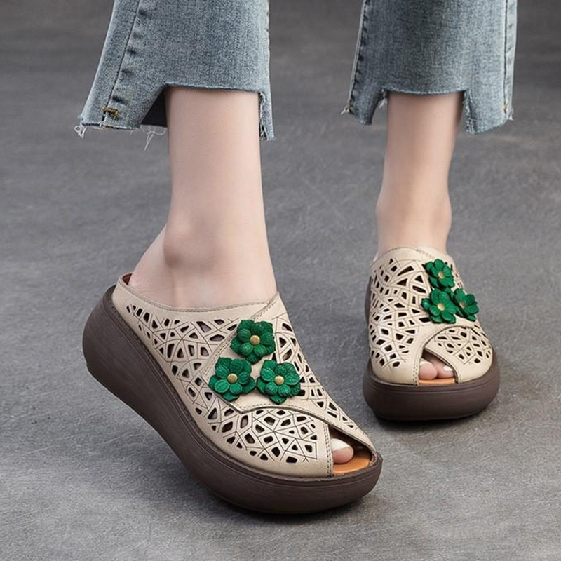 🔥Last Day Promotion 50% OFF - Women’s Vintage-Style Handmade Floral Genuine Leather Thick-Soled Wedge Sandals