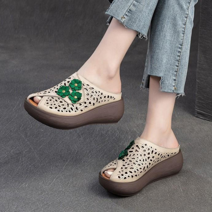 🔥Last Day Promotion 50% OFF - Women’s Vintage-Style Handmade Floral Genuine Leather Thick-Soled Wedge Sandals