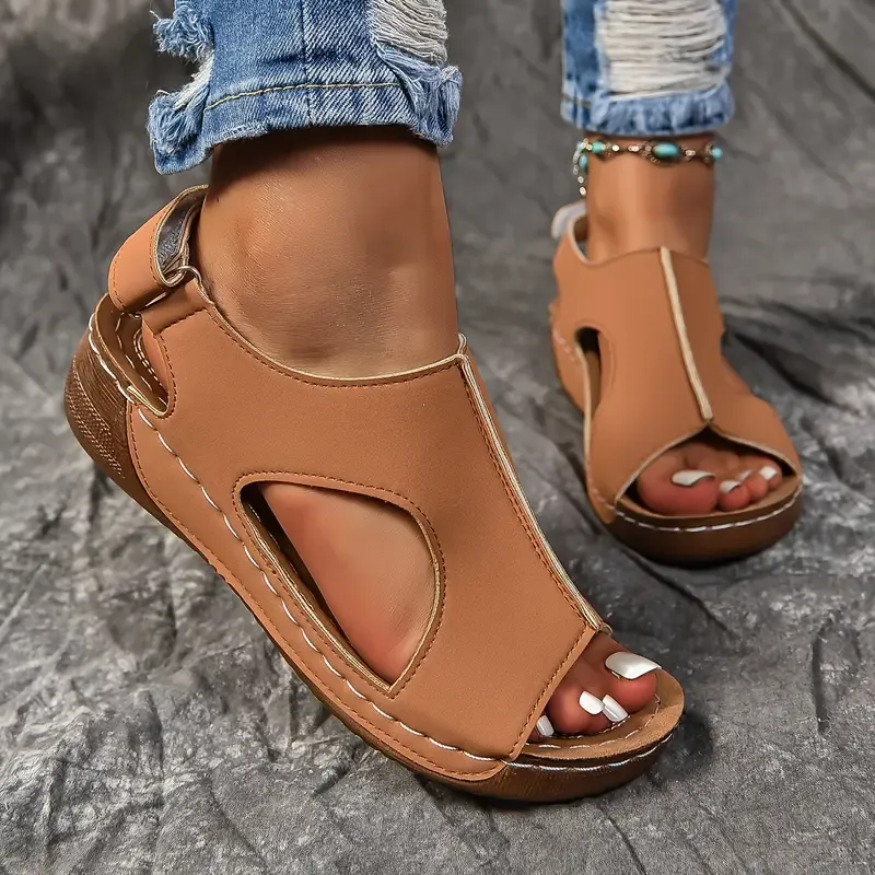 🔥Last Day Promotion 50% OFF - Women's Solid Colour Wedge Heel Leather Sandals