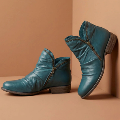 🔥Last Day Promotion 50% OFF - Women's Low Heel Round Toe Zipper Leather Ankle Boots