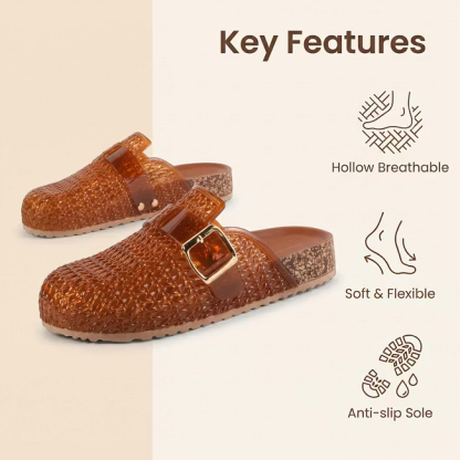 🔥Last Day Promotion 50% OFF - Ladies Breathable Slip-On Jelly Clogs Adjustable Buckle Cork Cushioned Insole