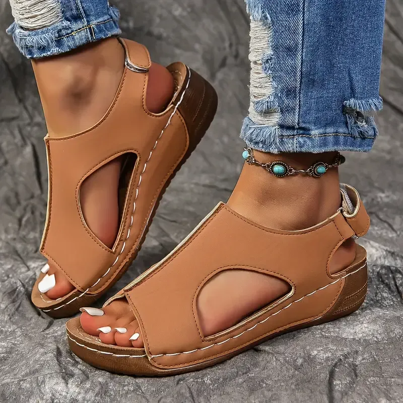 🔥Last Day Promotion 50% OFF - Women's Solid Colour Wedge Heel Leather Sandals