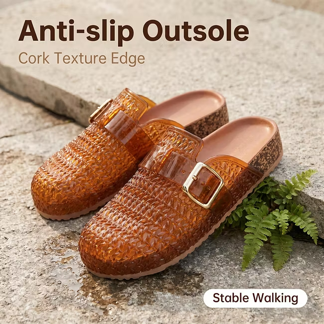 🔥Last Day Promotion 50% OFF - Ladies Breathable Slip-On Jelly Clogs Adjustable Buckle Cork Cushioned Insole