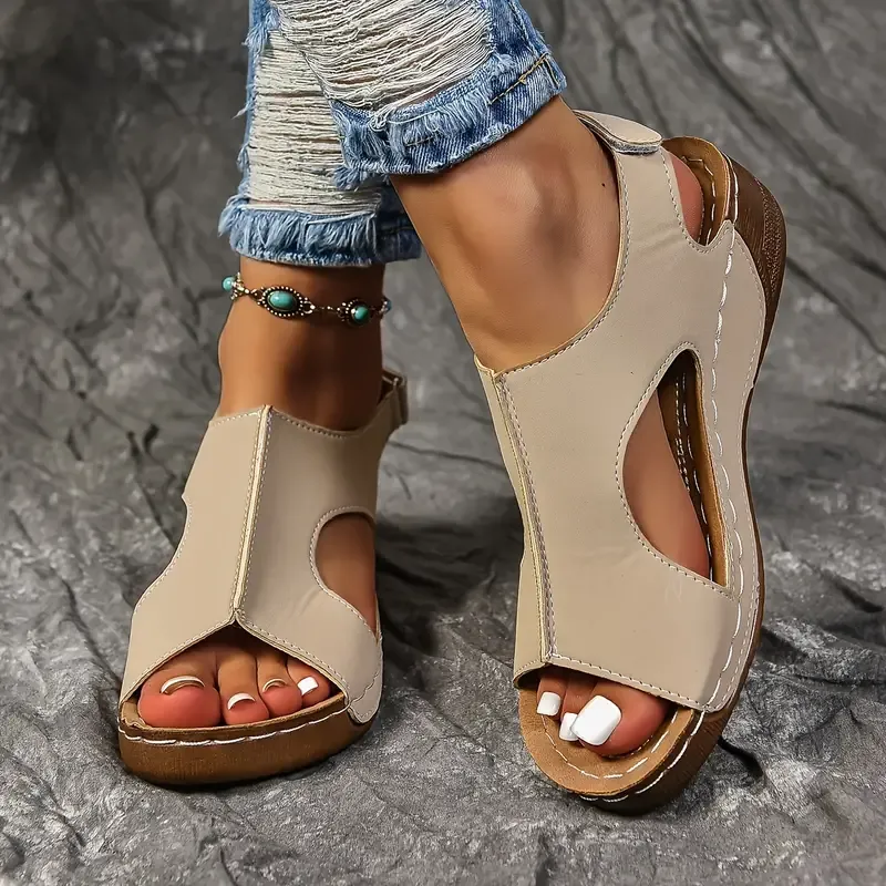 🔥Last Day Promotion 50% OFF - Women's Solid Colour Wedge Heel Leather Sandals
