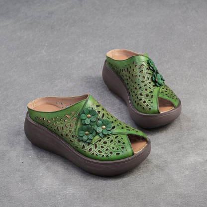 🔥Last Day Promotion 50% OFF - Women’s Vintage-Style Handmade Floral Genuine Leather Thick-Soled Wedge Sandals