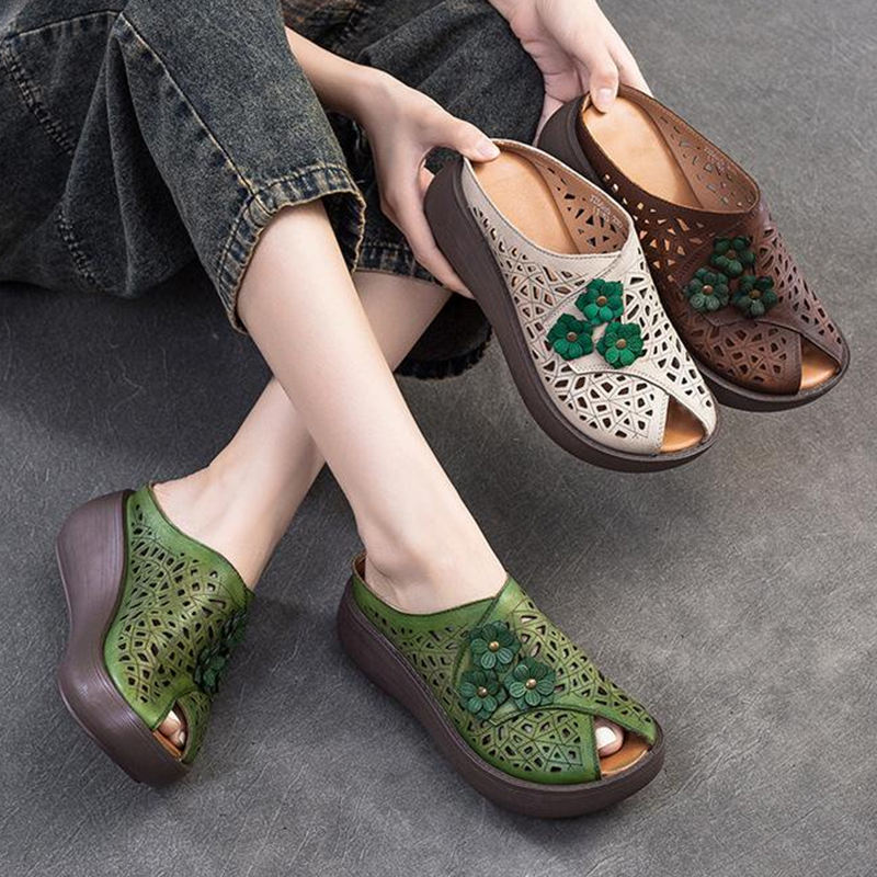 🔥Last Day Promotion 50% OFF - Women’s Vintage-Style Handmade Floral Genuine Leather Thick-Soled Wedge Sandals