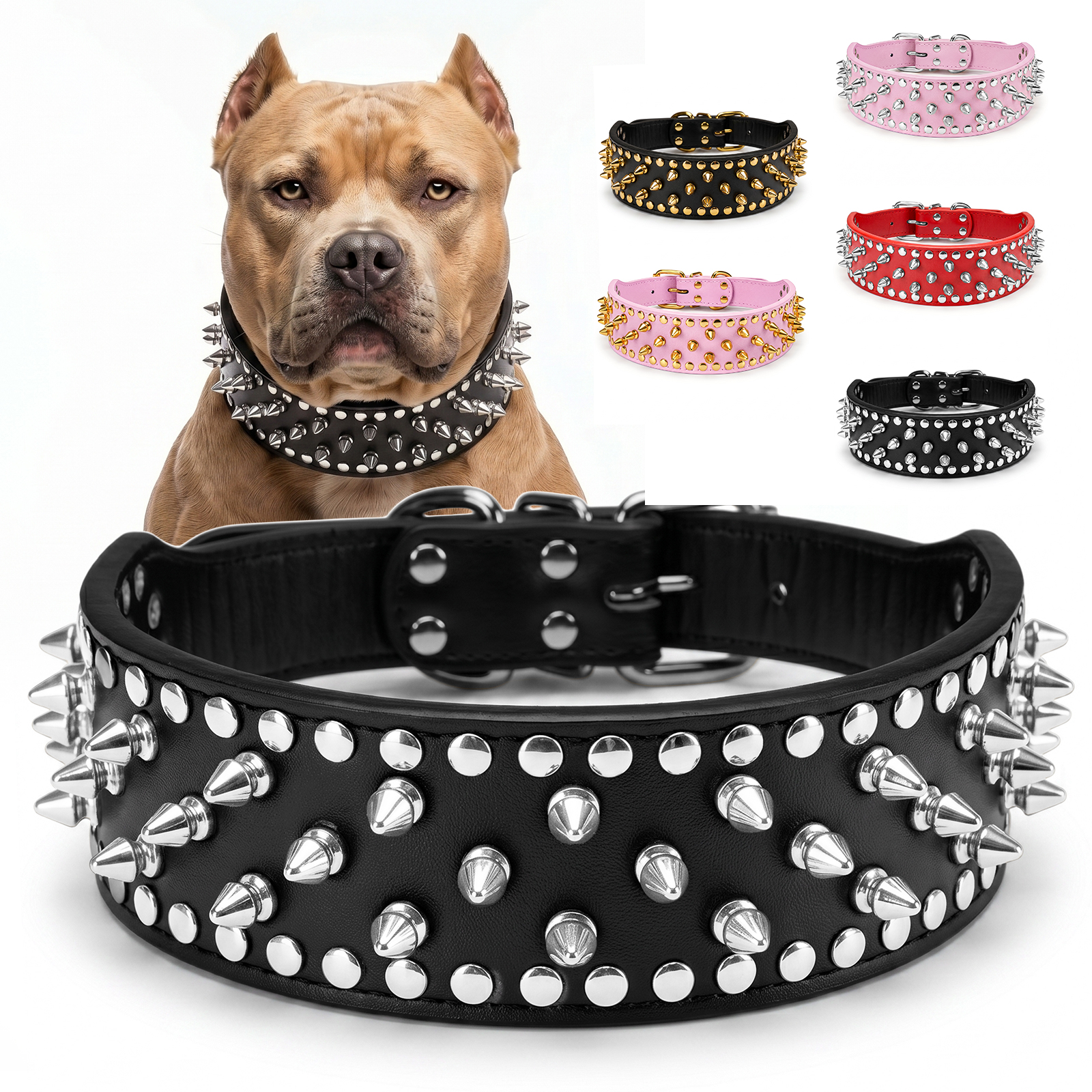 Frienhund Anti-Bite Wide Spiked Studded Dog Collar: Adjustable PU Leather Dog Collars for Medium & Large Dogs, Heavy Duty, Metal D-Ring, Neck Protection, Punk Style, Black