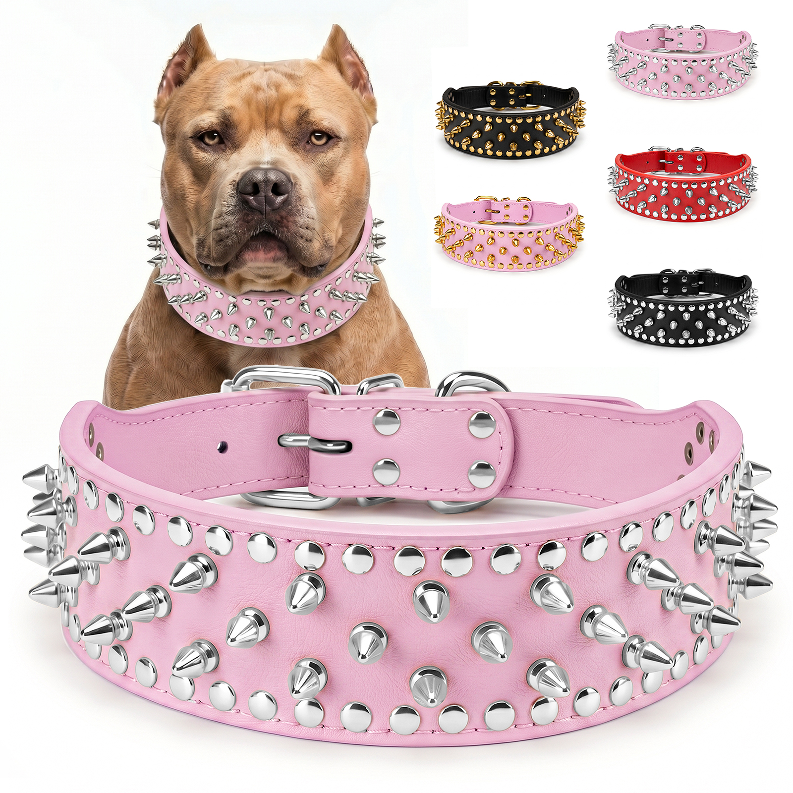 Frienhund Anti-Bite Wide Spiked Studded Dog Collar: Adjustable PU Leather Dog Collars for Medium & Large Dogs, Heavy Duty, Metal D-Ring, Neck Protection, Punk Style, Pink