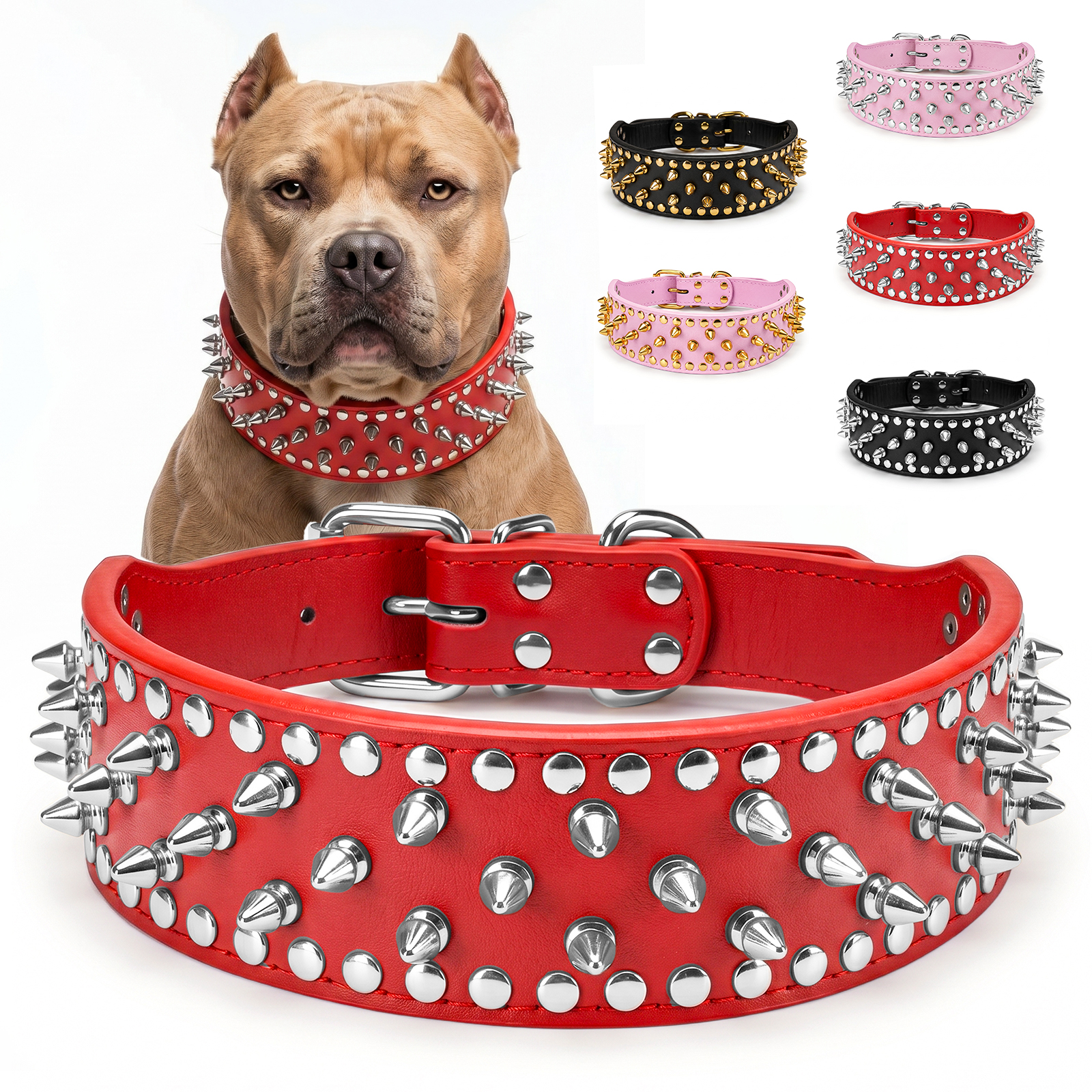 Frienhund Anti-Bite Wide Spiked Studded Dog Collar: Adjustable PU Leather Dog Collars for Medium & Large Dogs, Heavy Duty, Metal D-Ring, Neck Protection, Punk Style, Red