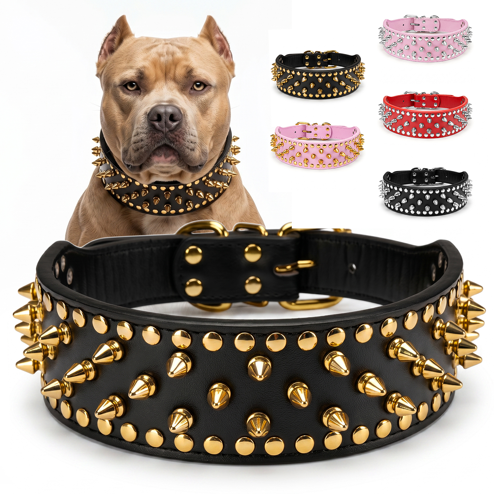 Frienhund Anti-Bite Wide Spiked Studded Dog Collar: Adjustable PU Leather Dog Collars for Medium & Large Dogs, Heavy Duty, Metal D-Ring, Neck Protection, Punk Style, Black-Gold