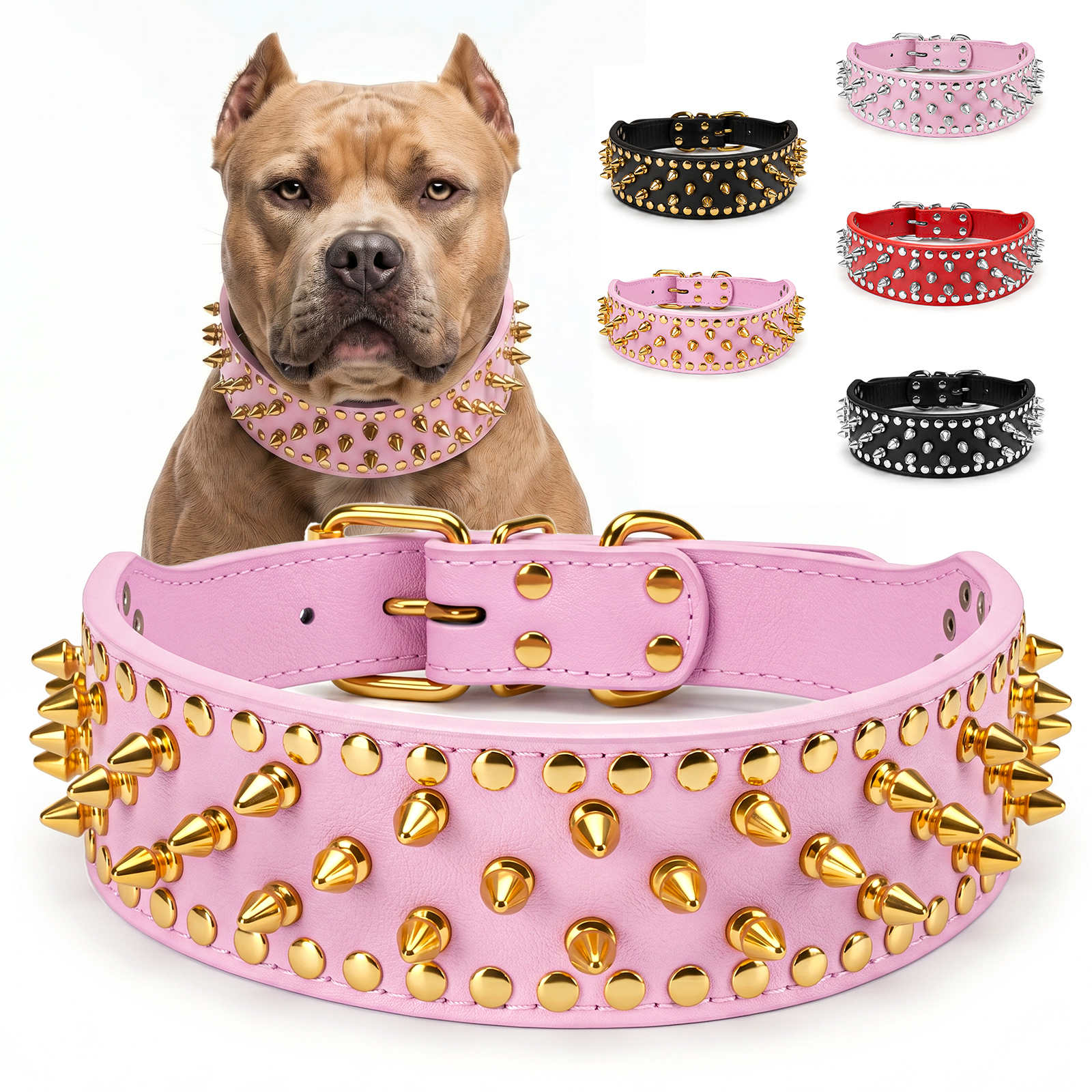 Frienhund Anti-Bite Wide Spiked Studded Dog Collar: Adjustable PU Leather Dog Collars for Medium & Large Dogs, Heavy Duty, Metal D-Ring, Neck Protection, Punk Style, Pink-Gold