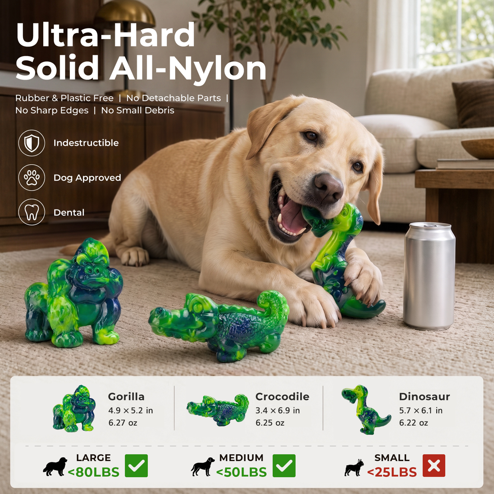 3-Pack Tough Dog Chew Toys for Aggressive Chewers, 25-80 lbs, Green