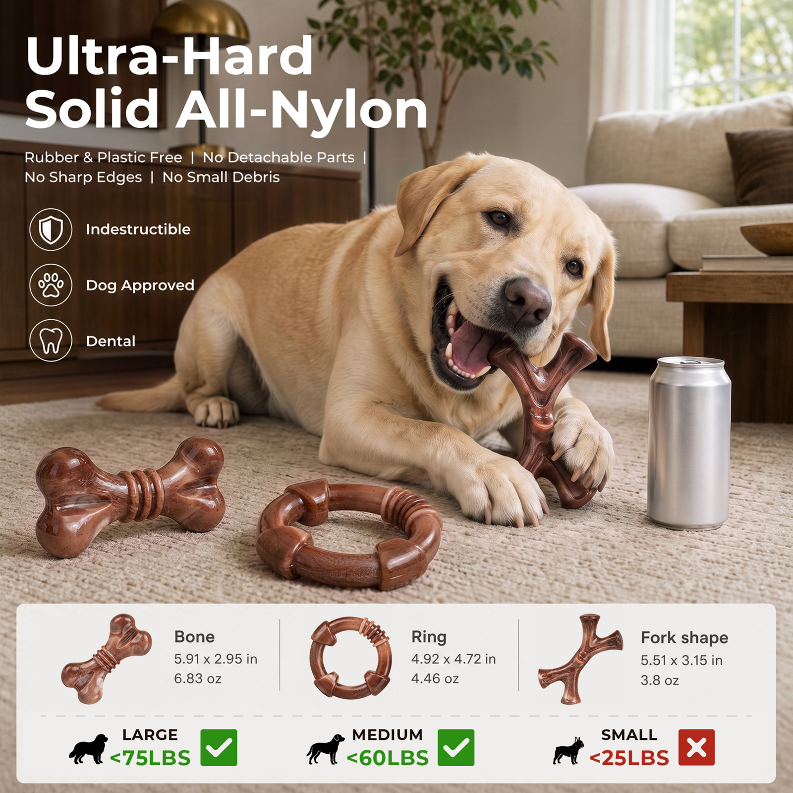 3-Pack Tough Dog Chew Toys for Aggressive Chewers, 25-65 lbs, Brown