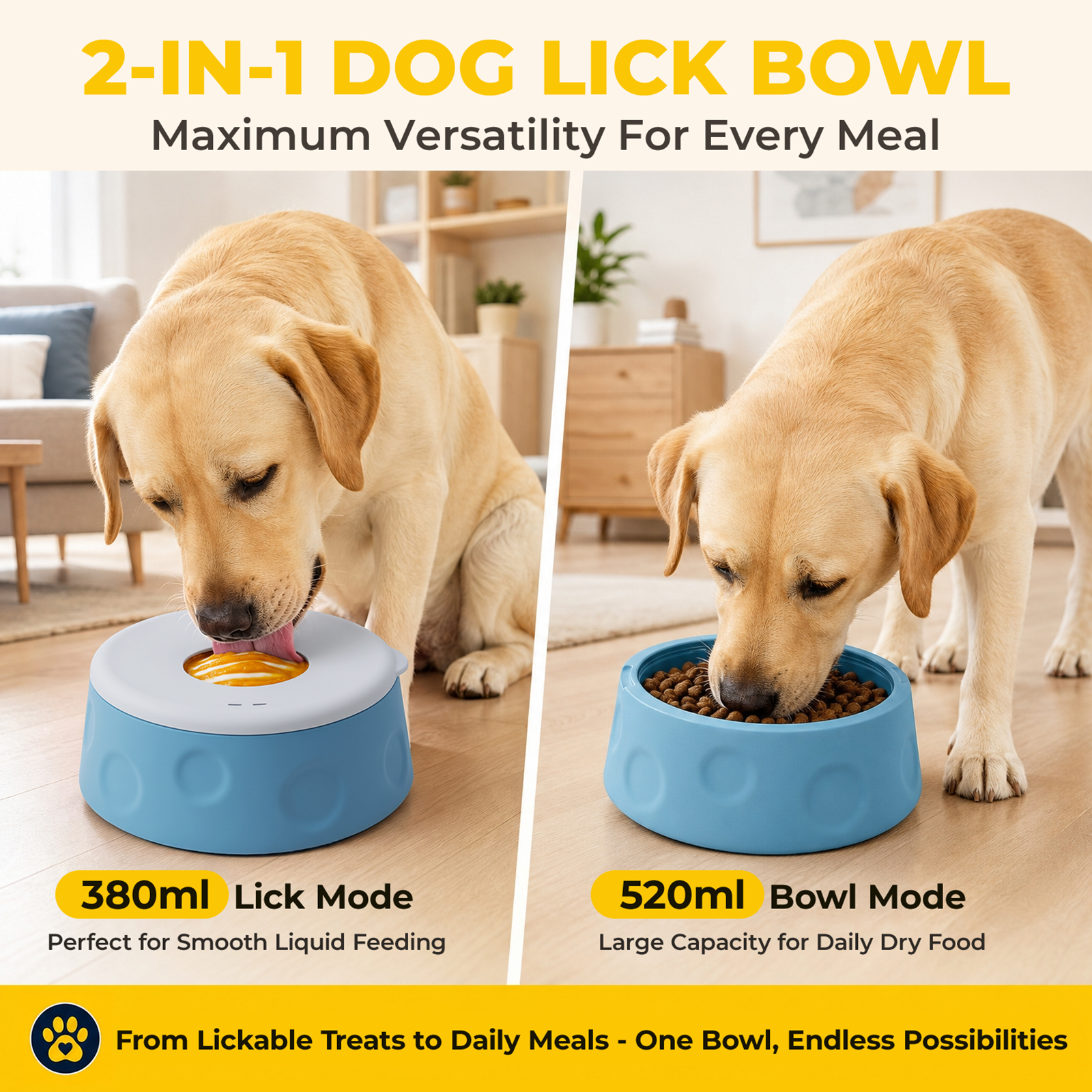 Slow Feeder Dog Bowl with Rolling Ball, Interactive Dog Lick Bowl 1.6 Cup Silicone dog lick bowl for yogurt, broth & liquid treats. Doubles as a dog licking toy with a stable suction cup base