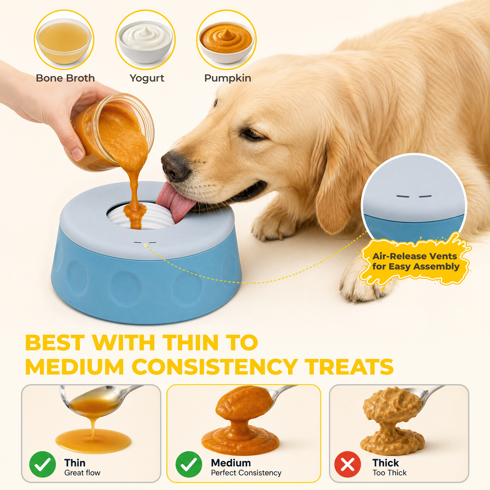 Slow Feeder Dog Bowl with Rolling Ball, Interactive Dog Lick Bowl 1.6 Cup Silicone dog lick bowl for yogurt, broth & liquid treats. Doubles as a dog licking toy with a stable suction cup base