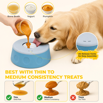 Slow Feeder Dog Bowl with Rolling Ball, Interactive Dog Lick Bowl 1.6 Cup Silicone dog lick bowl for yogurt, broth & liquid treats. Doubles as a dog licking toy with a stable suction cup base