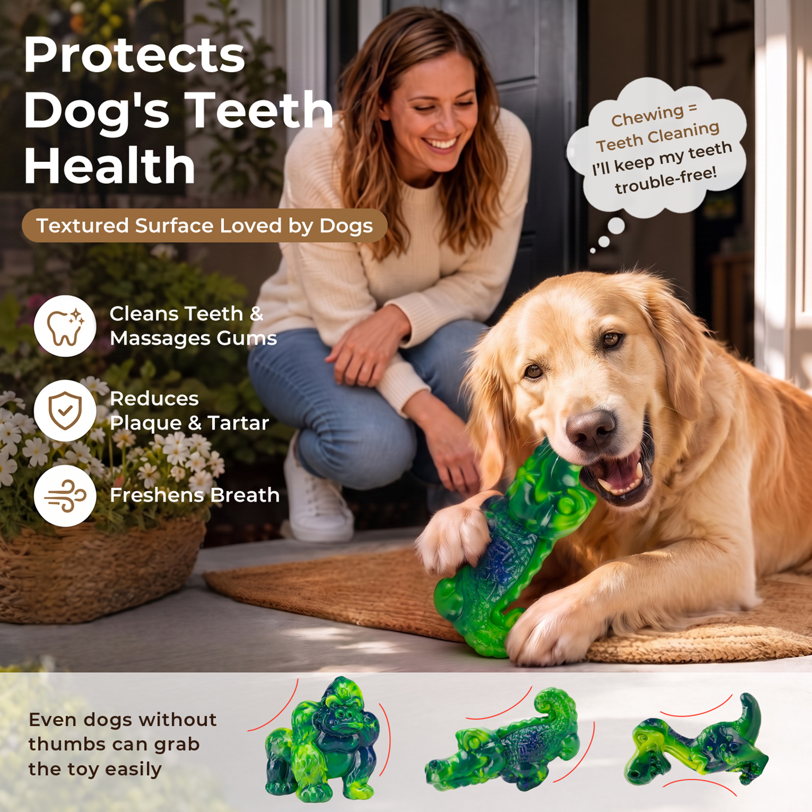 3-Pack Tough Dog Chew Toys for Aggressive Chewers, 25-80 lbs, Green