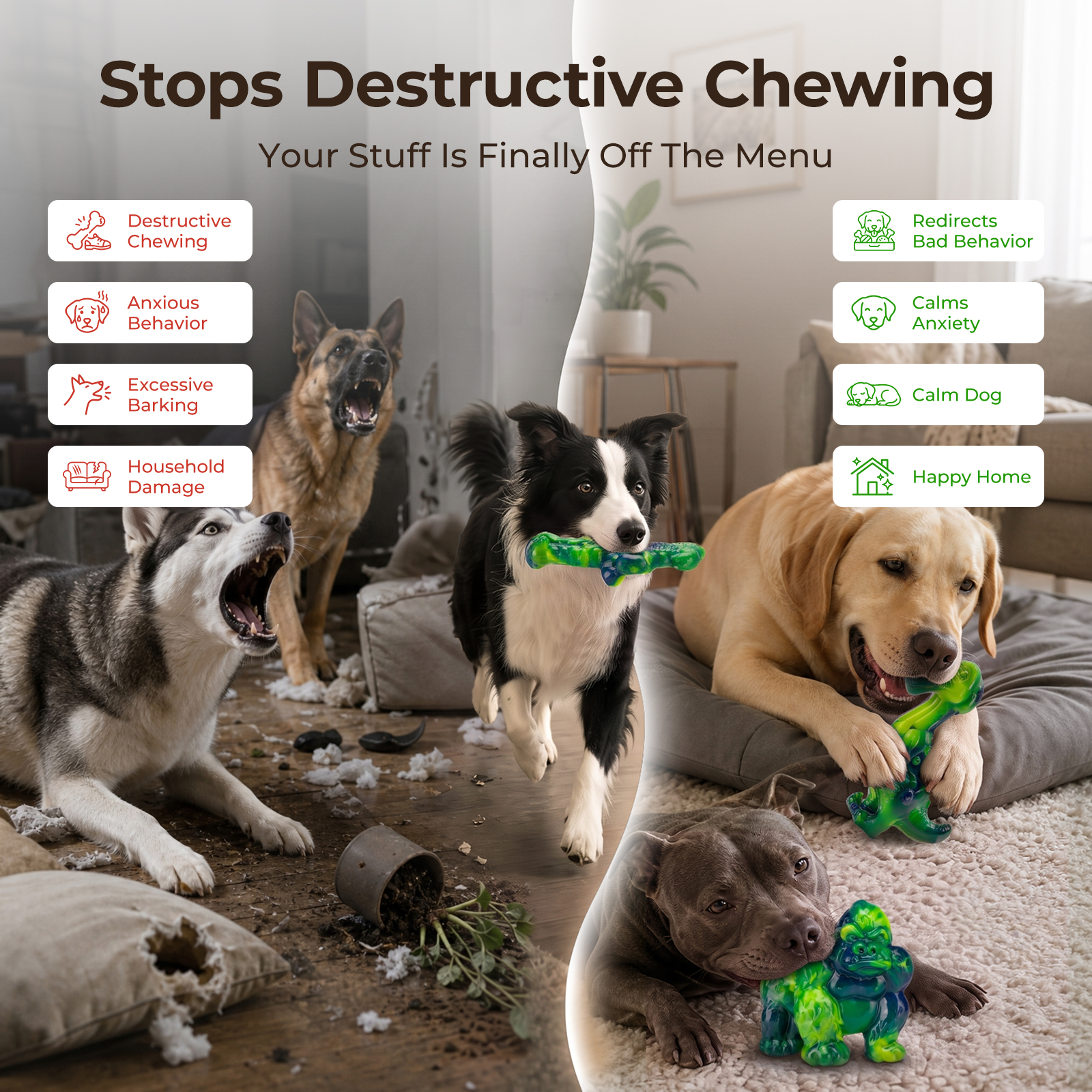 3-Pack Tough Dog Chew Toys for Aggressive Chewers, 25-80 lbs, Green
