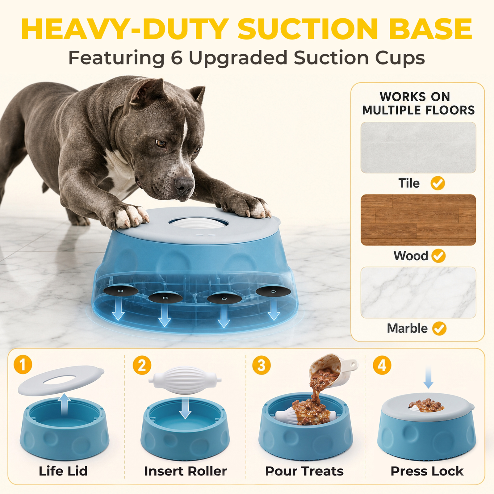 Slow Feeder Dog Bowl with Rolling Ball, Interactive Dog Lick Bowl 1.6 Cup Silicone dog lick bowl for yogurt, broth & liquid treats. Doubles as a dog licking toy with a stable suction cup base