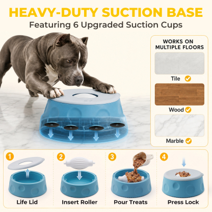 Slow Feeder Dog Bowl with Rolling Ball, Interactive Dog Lick Bowl 1.6 Cup Silicone dog lick bowl for yogurt, broth & liquid treats. Doubles as a dog licking toy with a stable suction cup base