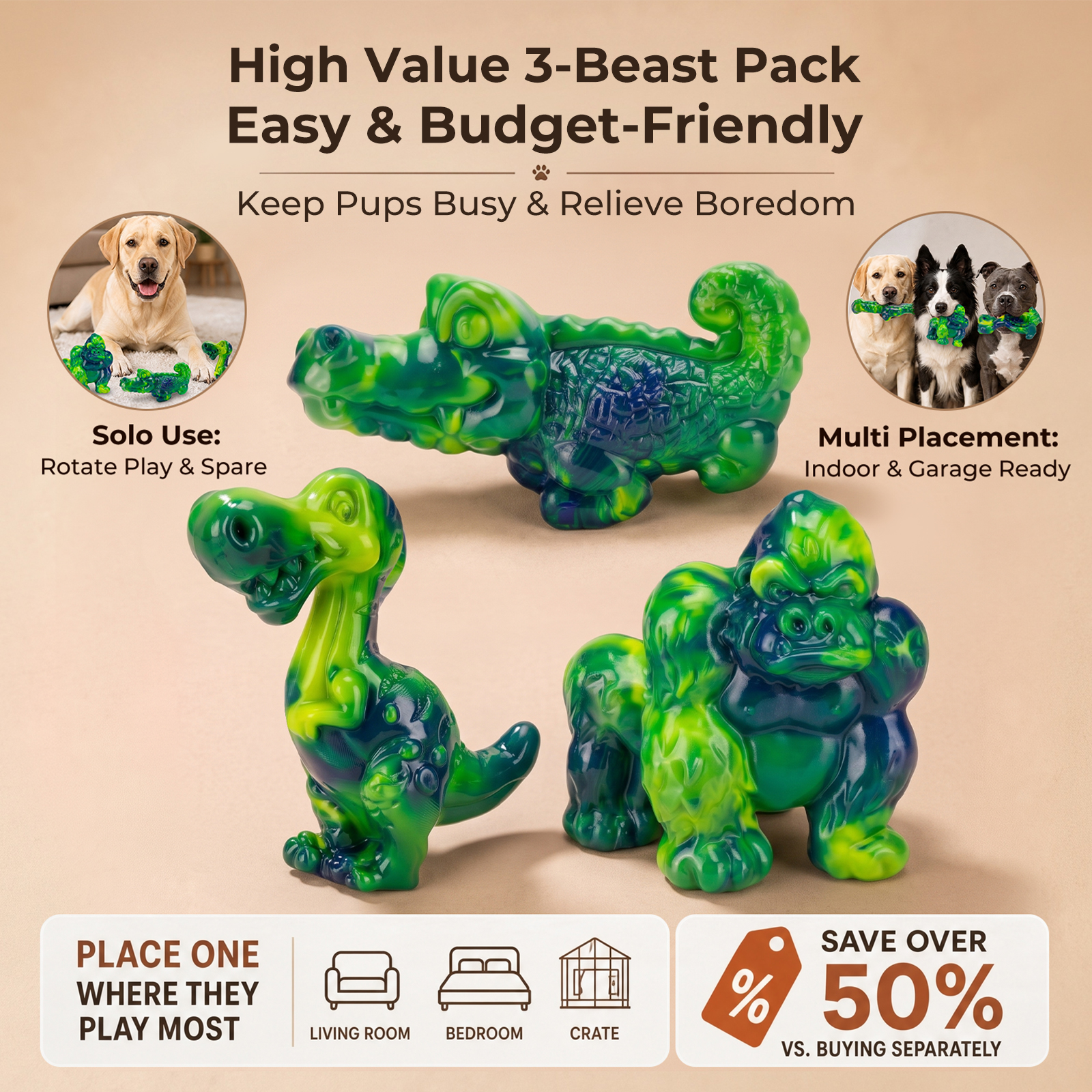 3-Pack Tough Dog Chew Toys for Aggressive Chewers, 25-80 lbs, Green