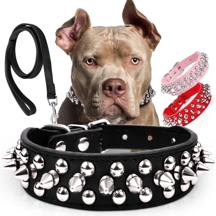 Frienhund Adjustable Spiked Dog Collar, PU Leather Protective Dog Collar with Leash Set, Durable Spiked Collar for Medium Large Breed Dogs, Black, XL Size 17.7"-20.5"