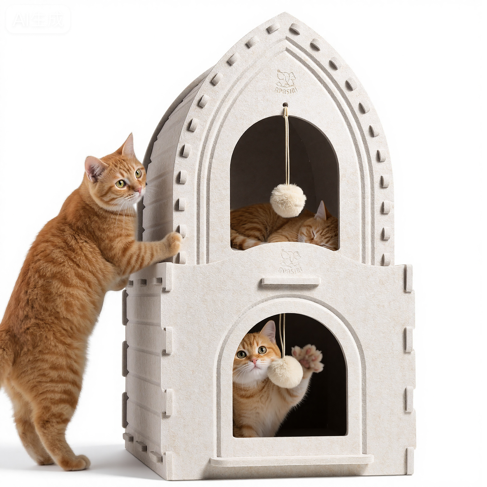 Apasiri Double-Deck Cat House ACH02+ACH04: 2-in-1 Innovative Polyester Fiber Double-Deck Cat House, Sturdy and Scratch-Resistant, Original Castle Design, A Perfect Cat Bed Cave for Multiple Small Pets and Kittens