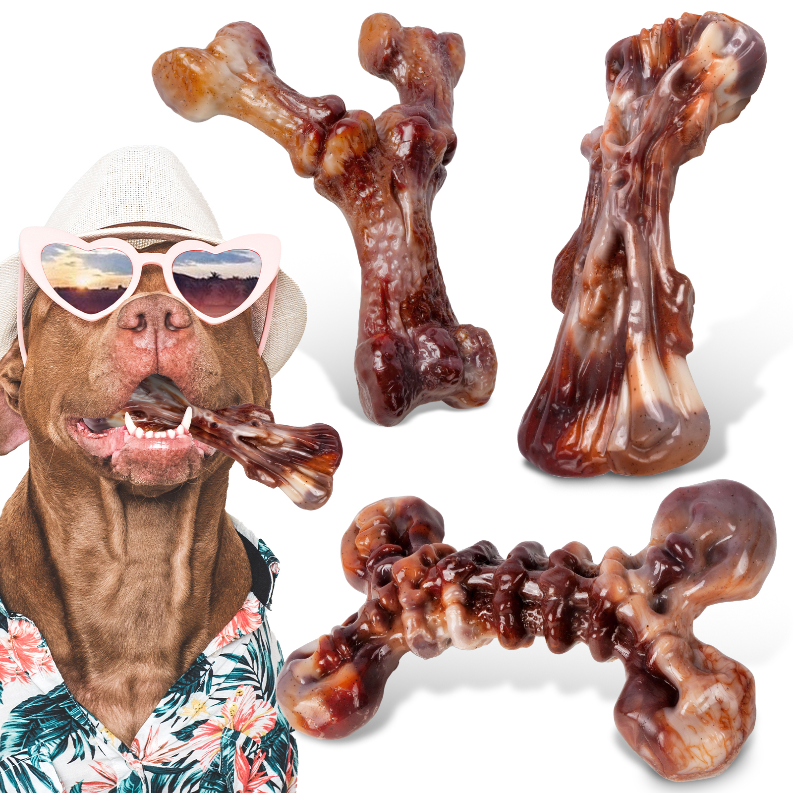 3 Pack Indestructible Dog Chew Toys for Aggressive Chewers, Tough Hard Nylon Dog Toys for Medium Large Breeds, Bacon Flavored Durable Dog Toys to Keep Dogs Busy & Relieve Boredom