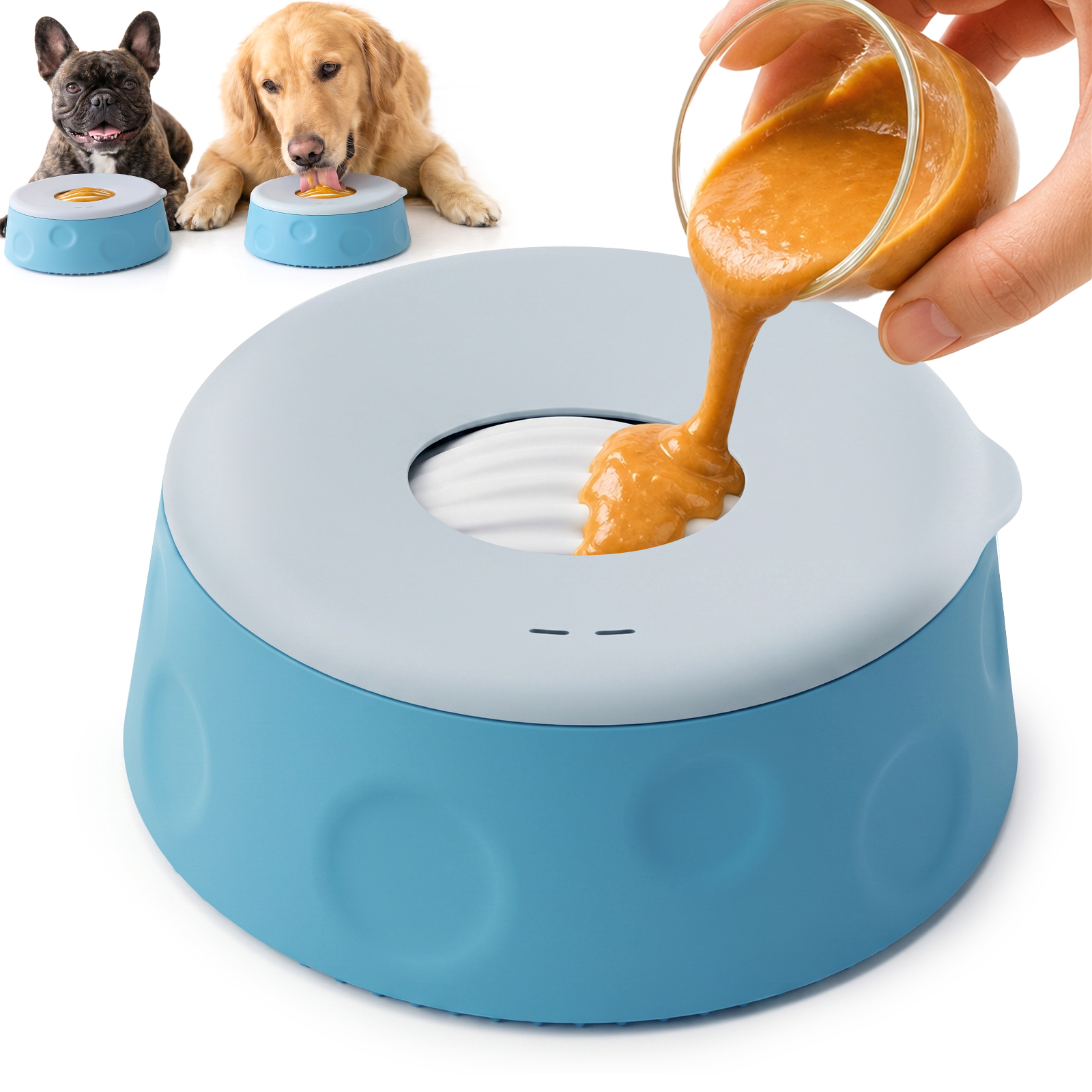 Slow Feeder Dog Bowl with Rolling Ball, Interactive Dog Lick Bowl 1.6 Cup Silicone dog lick bowl for yogurt, broth & liquid treats. Doubles as a dog licking toy with a stable suction cup base