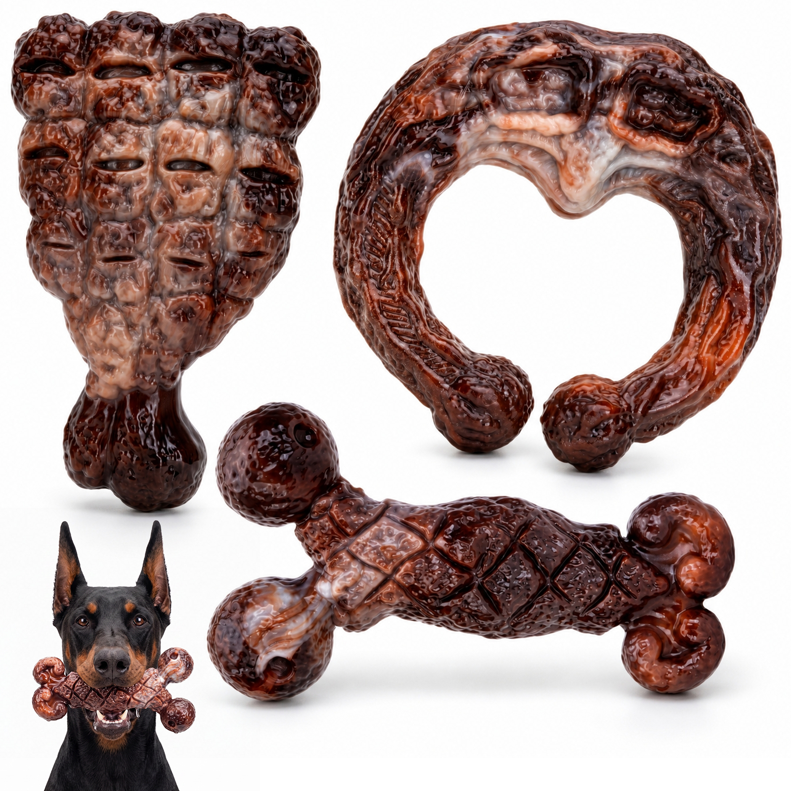 3 Pack Tough Dog Chew Toys for Aggressive Chewers 25-85 lbs, Brown Bacon Flavored, Durable Dog Toys for Medium Large Breeds, Hard Nylon Dog Toy, Reduce Boredom, Teeth Cleaning, Long-Lasting