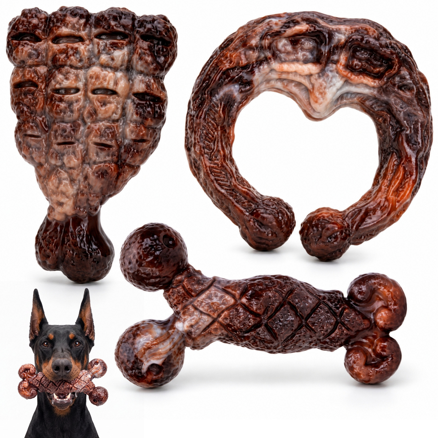 3 Pack Tough Dog Chew Toys for Aggressive Chewers 25-85 lbs, Brown Bacon Flavored, Durable Dog Toys for Medium Large Breeds, Hard Nylon Dog Toy, Reduce Boredom, Teeth Cleaning, Long-Lasting