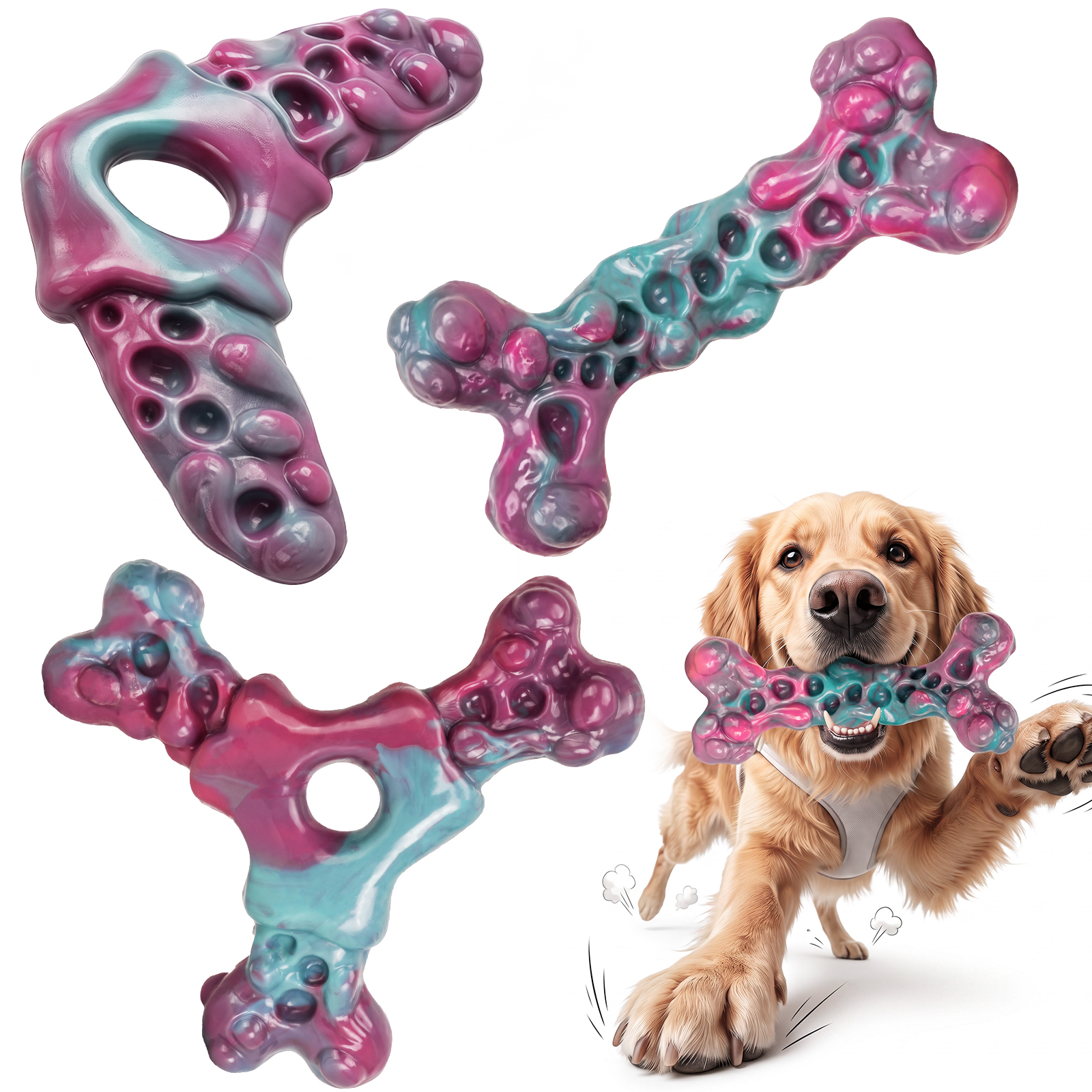 Tough Dog Chew Toys 3-Pack Dog Toys for Aggressive Chewers 25–90lbs Heavy-Duty Chew Toys for Medium & Large Dogs, Solid Nylon, Textured Surfaces, Bacon Flavor & Fillable Grooves for Wet Food