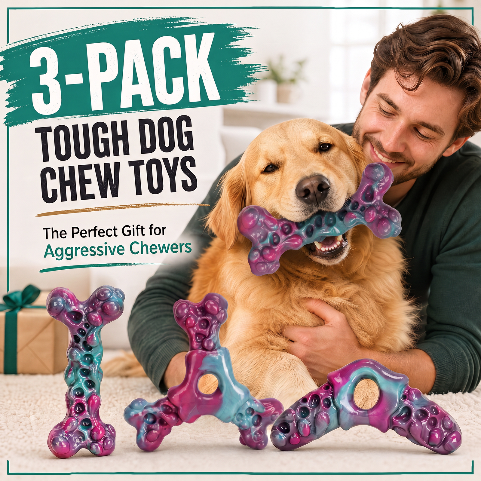 Tough Dog Chew Toys 3-Pack Dog Toys for Aggressive Chewers 25–90lbs Heavy-Duty Chew Toys for Medium & Large Dogs, Solid Nylon, Textured Surfaces, Bacon Flavor & Fillable Grooves for Wet Food