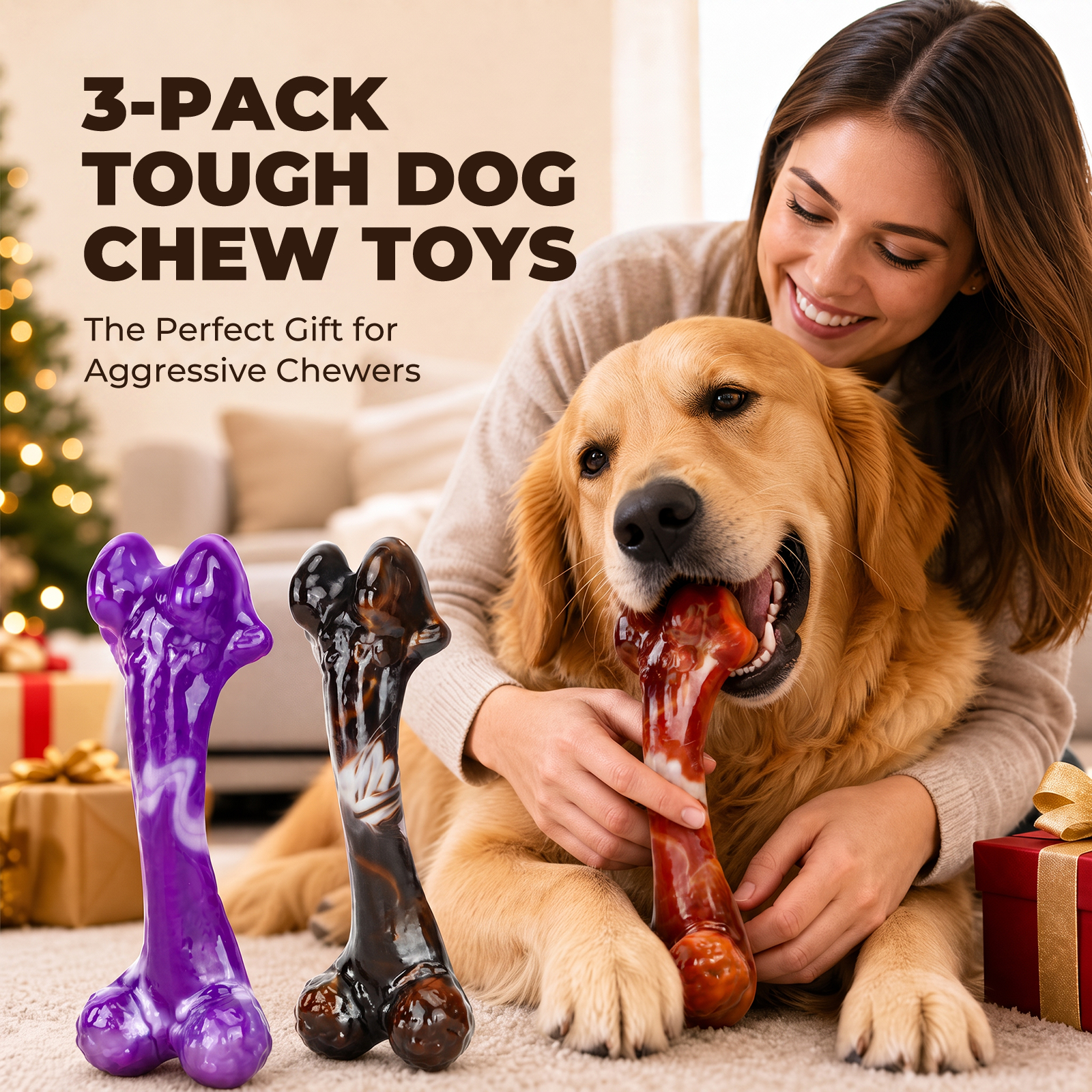 3-Pack Tough Dog Bone Chew Toys for Aggressive Chewers, 25–90 lbs Heavy-Duty Dog Bones for Medium & Large Dogs, Solid Nylon, Textured Surfaces, Bacon Flavor & Fillable Grooves for Wet Food