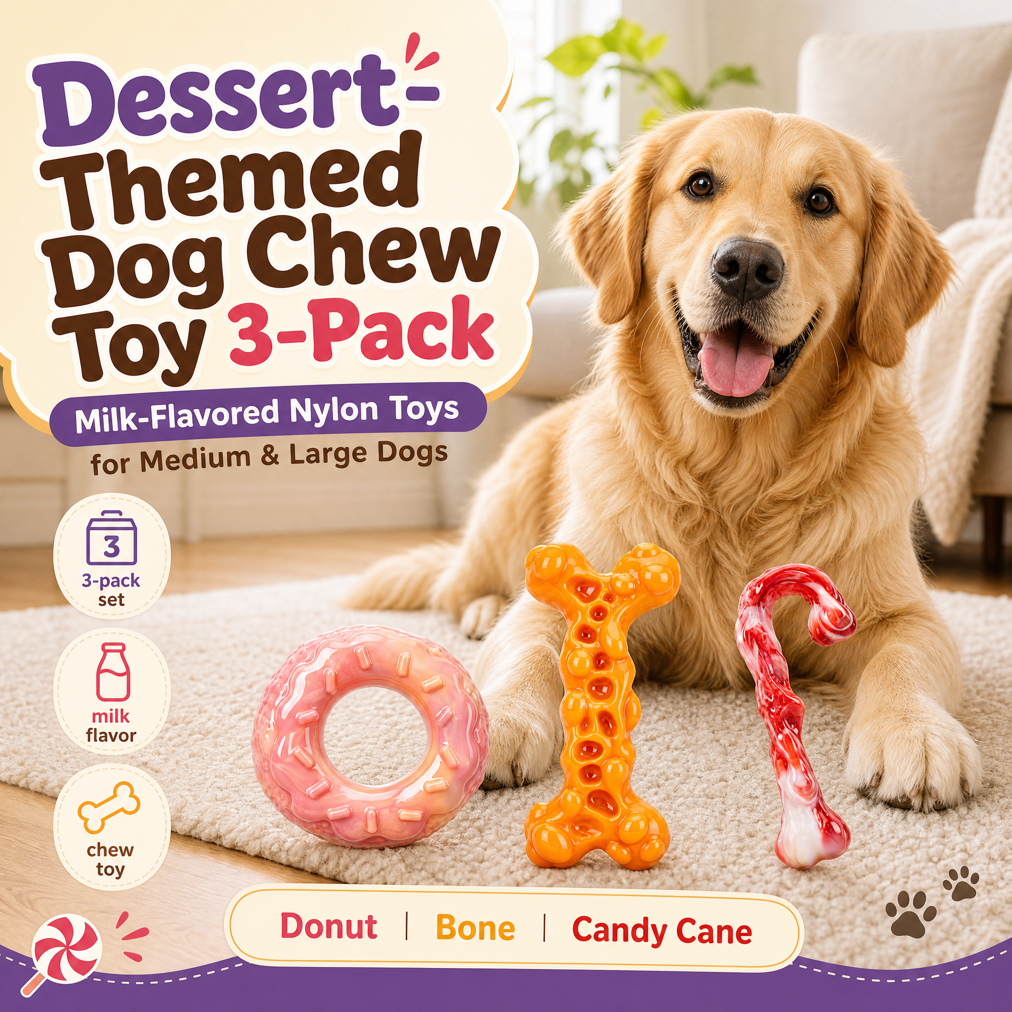 3-Pack Dog Toys for 30-90lbs Aggressive Chewers, Heavy‑Duty Nylon Tough Chew Toys, Natural Milk Flavor, Dessert‑Shaped Fun Chew Bones for Medium&Large Dogs, Long‑Lasting, Clean Teeth
