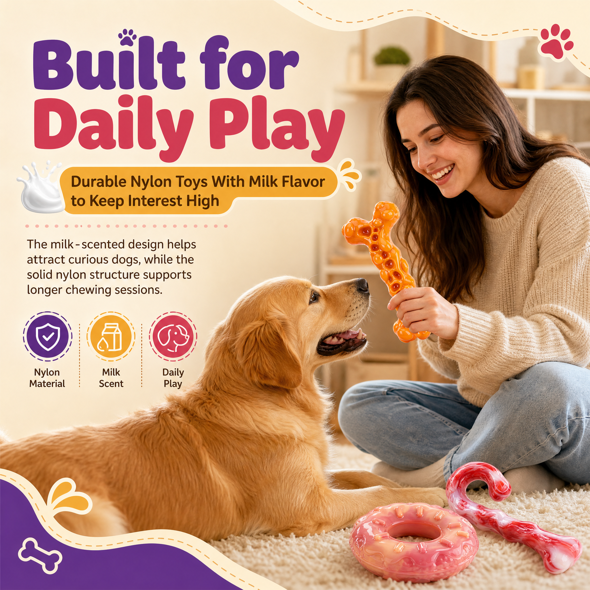 3-Pack Dog Toys for 30-90lbs Aggressive Chewers, Heavy‑Duty Nylon Tough Chew Toys, Natural Milk Flavor, Dessert‑Shaped Fun Chew Bones for Medium&Large Dogs, Long‑Lasting, Clean Teeth