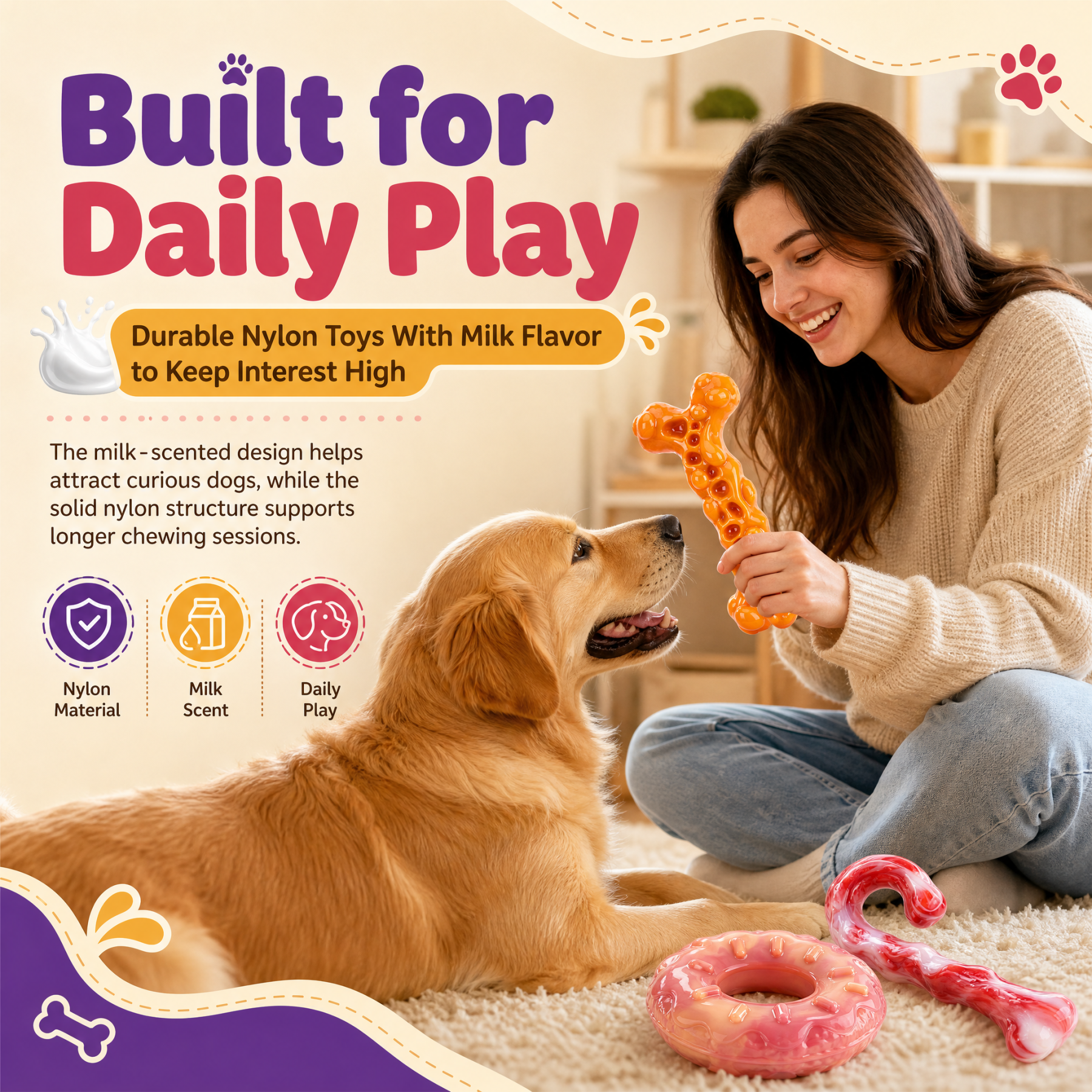 3-Pack Dog Toys for 30-90lbs Aggressive Chewers, Heavy‑Duty Nylon Tough Chew Toys, Natural Milk Flavor, Dessert‑Shaped Fun Chew Bones for Medium&Large Dogs, Long‑Lasting, Clean Teeth