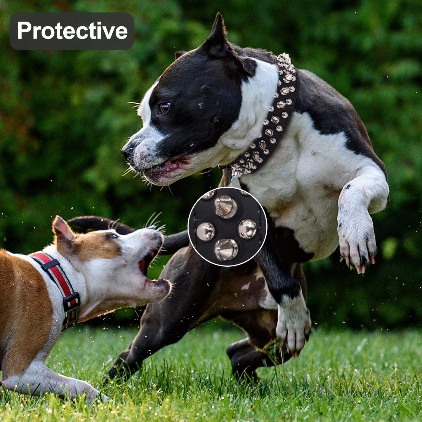 Frienhund Adjustable Spiked Dog Collar, PU Leather Protective Dog Collar with Leash Set, Durable Spiked Collar for Medium Large Breed Dogs, Black, XL Size 17.7"-20.5"