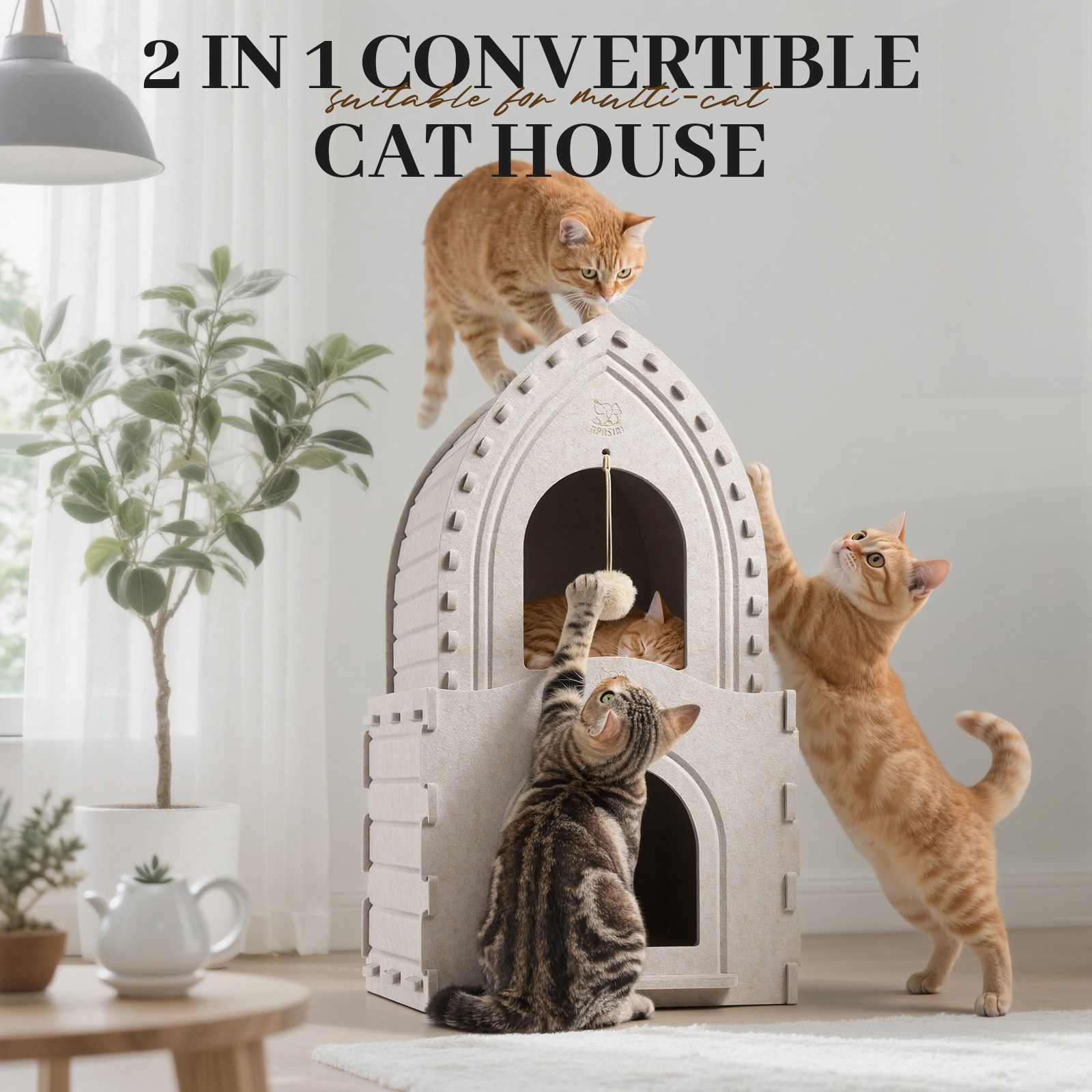 Apasiri Double-Deck Cat House ACH02+ACH04: 2-in-1 Innovative Polyester Fiber Double-Deck Cat House, Sturdy and Scratch-Resistant, Original Castle Design, A Perfect Cat Bed Cave for Multiple Small Pets and Kittens