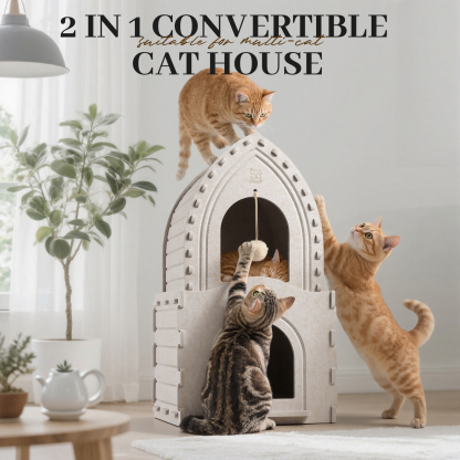 Apasiri Double-Deck Cat House ACH02+ACH04: 2-in-1 Innovative Polyester Fiber Double-Deck Cat House, Sturdy and Scratch-Resistant, Original Castle Design, A Perfect Cat Bed Cave for Multiple Small Pets and Kittens