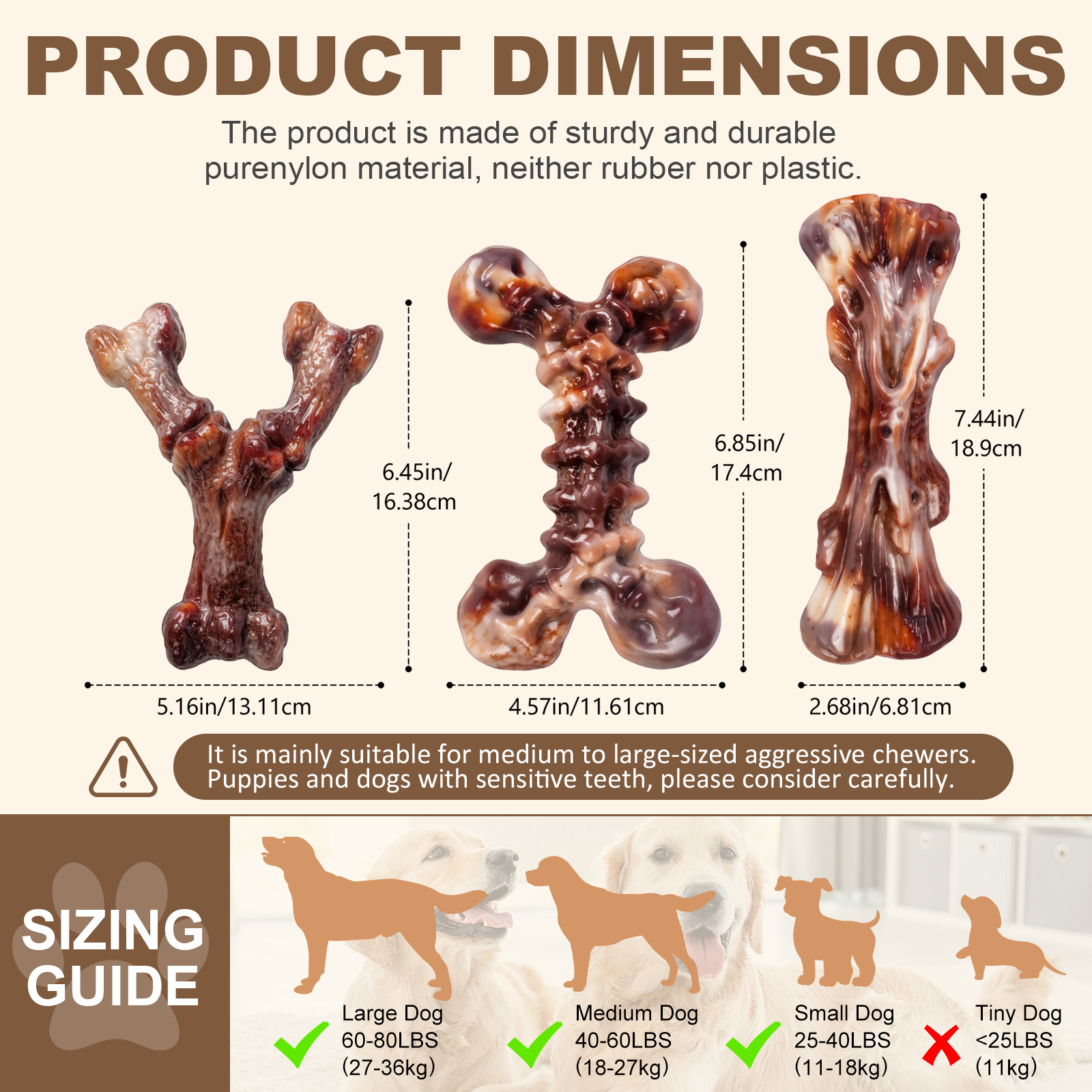3 Pack Indestructible Dog Chew Toys for Aggressive Chewers, Tough Hard Nylon Dog Toys for Medium Large Breeds, Bacon Flavored Durable Dog Toys to Keep Dogs Busy & Relieve Boredom