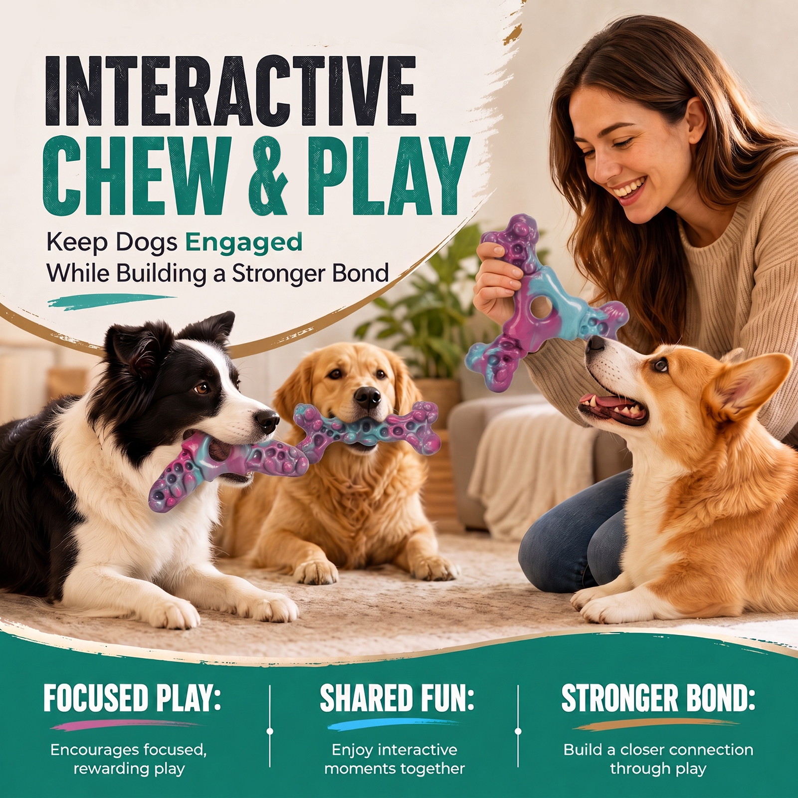 Tough Dog Chew Toys 3-Pack Dog Toys for Aggressive Chewers 25–90lbs Heavy-Duty Chew Toys for Medium & Large Dogs, Solid Nylon, Textured Surfaces, Bacon Flavor & Fillable Grooves for Wet Food