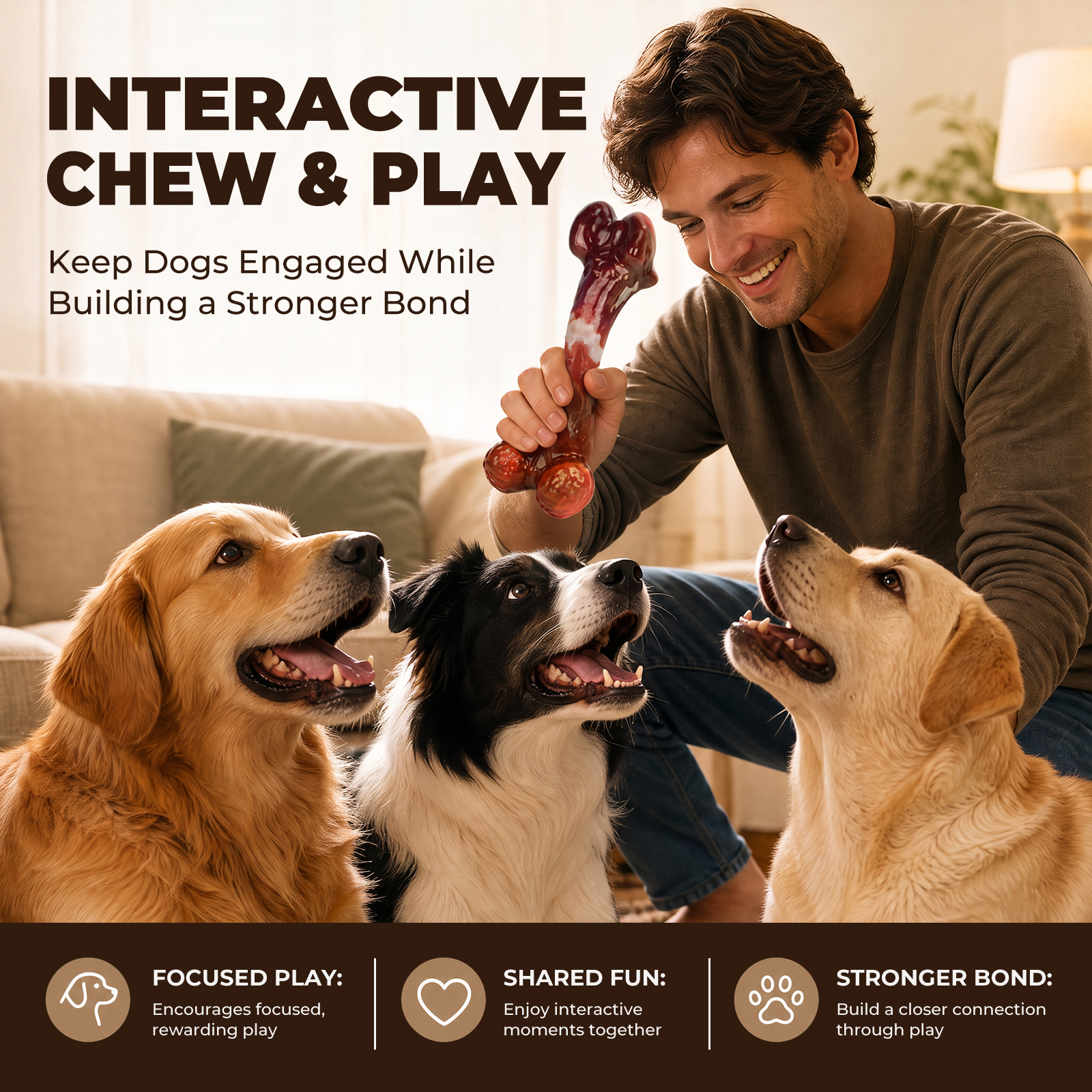 3-Pack Tough Dog Bone Chew Toys for Aggressive Chewers, 25–90 lbs Heavy-Duty Dog Bones for Medium & Large Dogs, Solid Nylon, Textured Surfaces, Bacon Flavor & Fillable Grooves for Wet Food