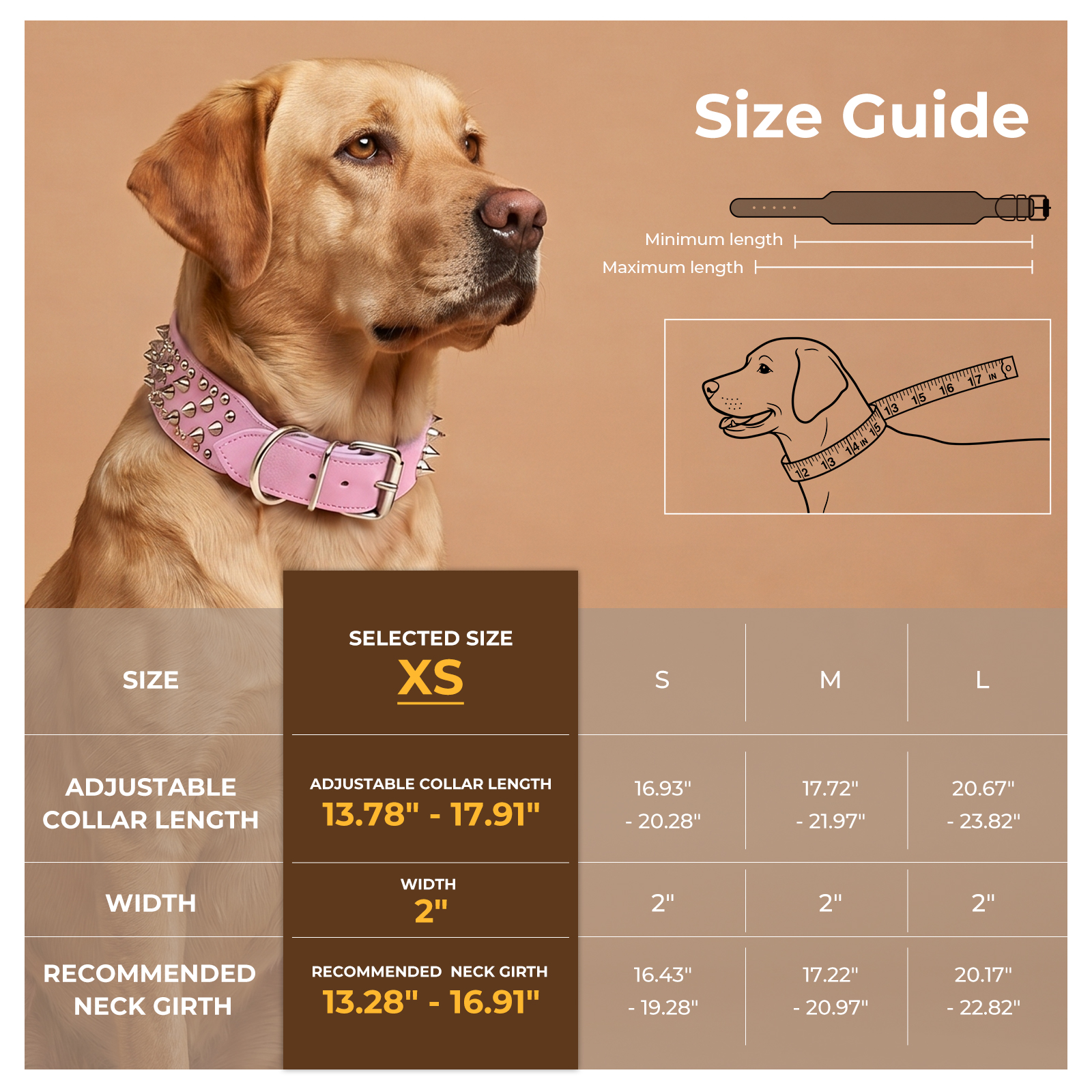 Frienhund Anti-Bite Wide Spiked Studded Dog Collar: Adjustable PU Leather Dog Collars for Medium & Large Dogs, Heavy Duty, Metal D-Ring, Neck Protection, Punk Style, Pink