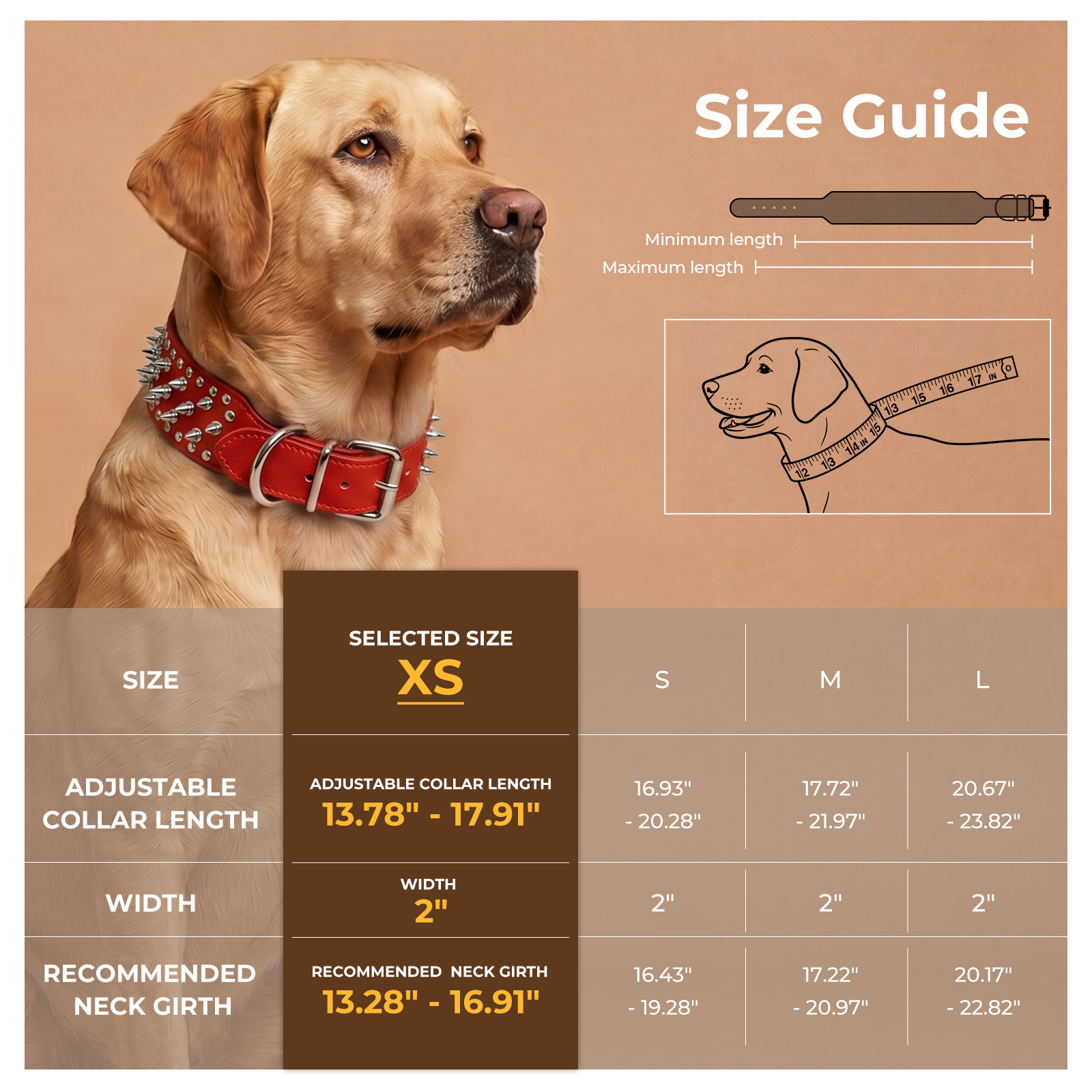 Frienhund Anti-Bite Wide Spiked Studded Dog Collar: Adjustable PU Leather Dog Collars for Medium & Large Dogs, Heavy Duty, Metal D-Ring, Neck Protection, Punk Style, Red