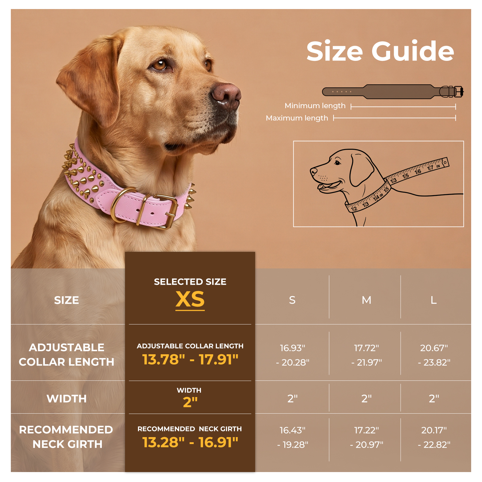 Frienhund Anti-Bite Wide Spiked Studded Dog Collar: Adjustable PU Leather Dog Collars for Medium & Large Dogs, Heavy Duty, Metal D-Ring, Neck Protection, Punk Style, Pink-Gold