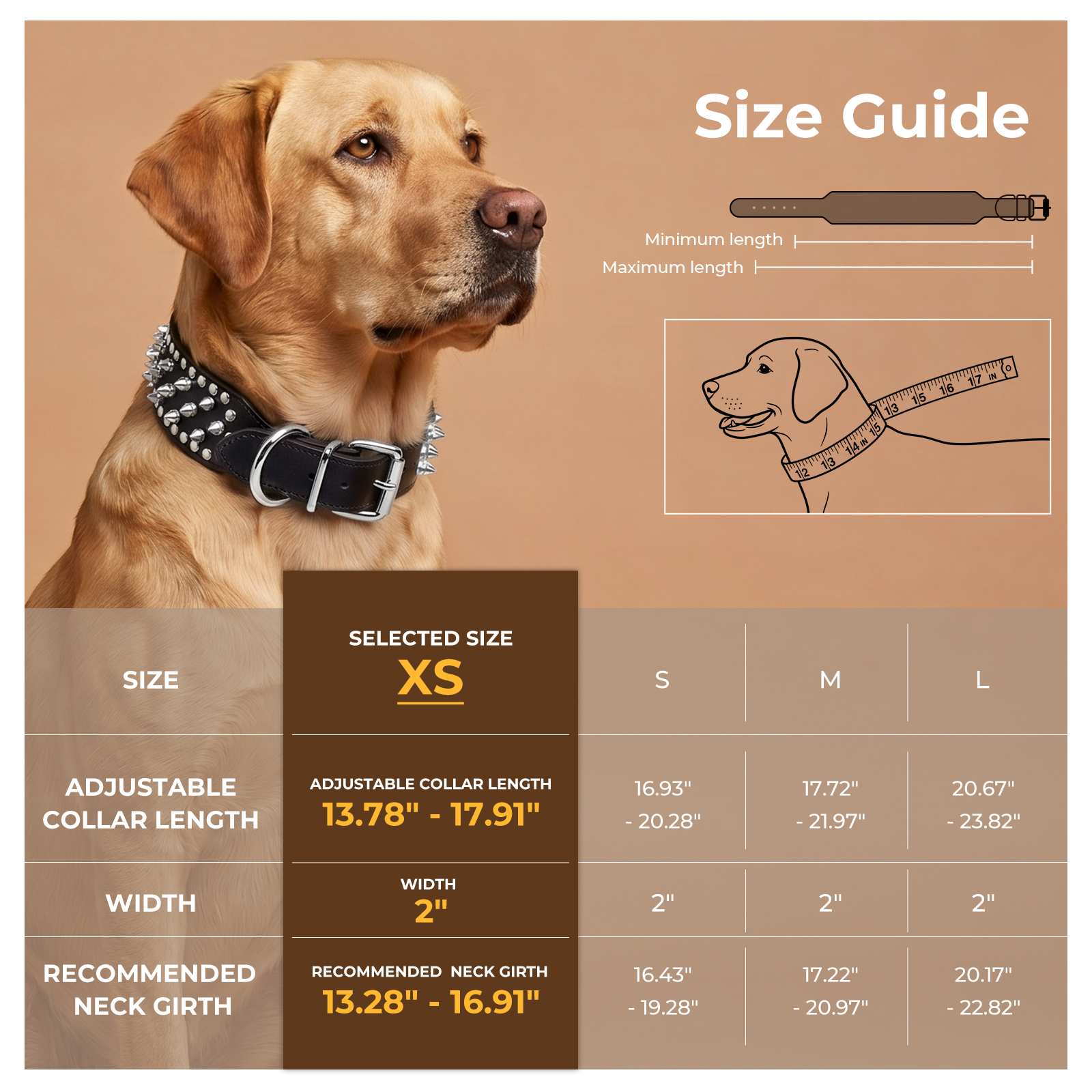 Frienhund Anti-Bite Wide Spiked Studded Dog Collar: Adjustable PU Leather Dog Collars for Medium & Large Dogs, Heavy Duty, Metal D-Ring, Neck Protection, Punk Style, Black
