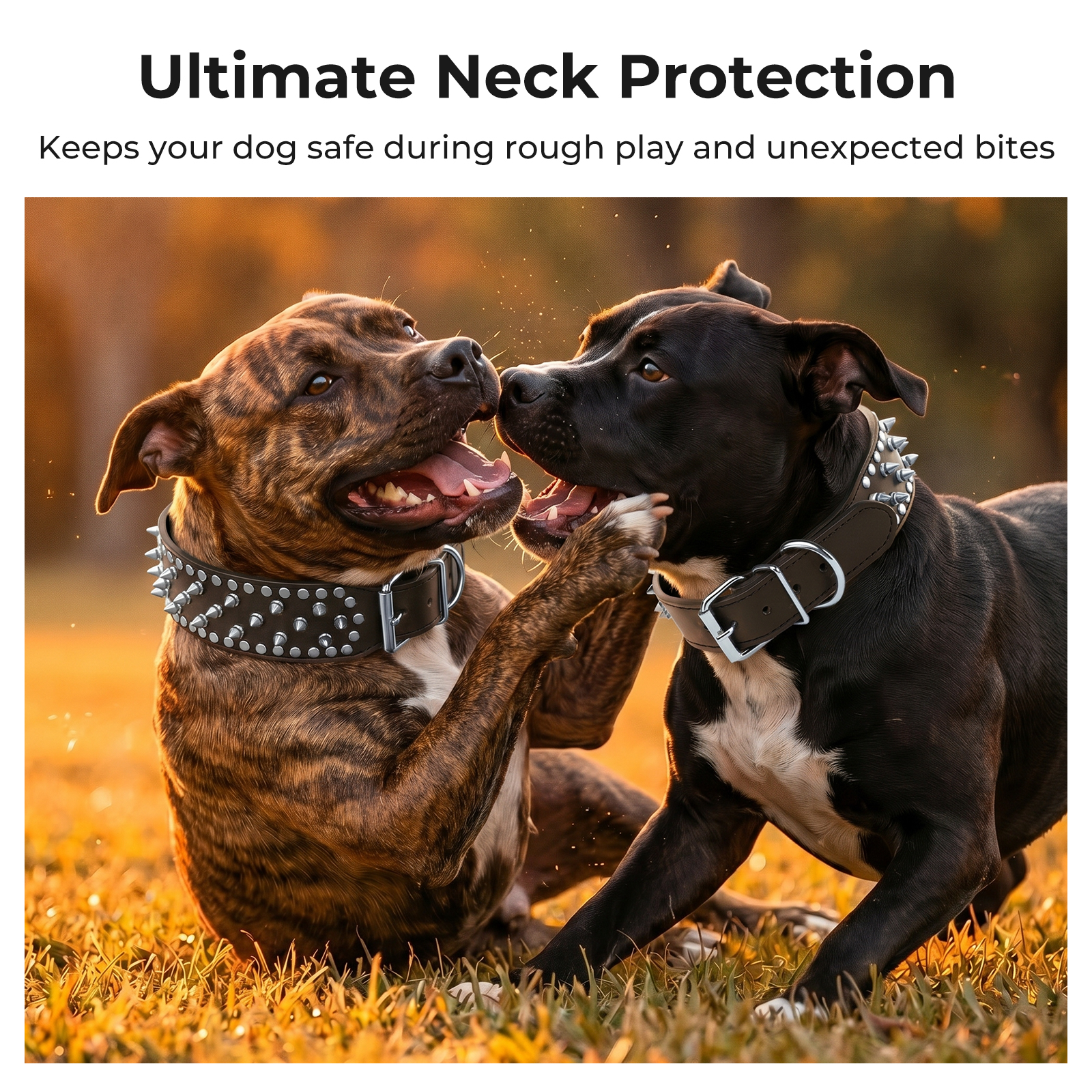 Frienhund Anti-Bite Wide Spiked Studded Dog Collar: Adjustable PU Leather Dog Collars for Medium & Large Dogs, Heavy Duty, Metal D-Ring, Neck Protection, Punk Style, Black