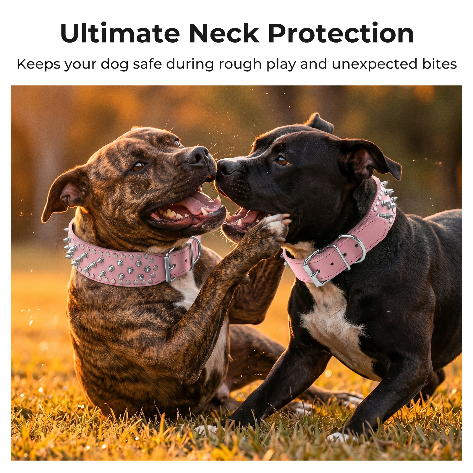 Frienhund Anti-Bite Wide Spiked Studded Dog Collar: Adjustable PU Leather Dog Collars for Medium & Large Dogs, Heavy Duty, Metal D-Ring, Neck Protection, Punk Style, Pink